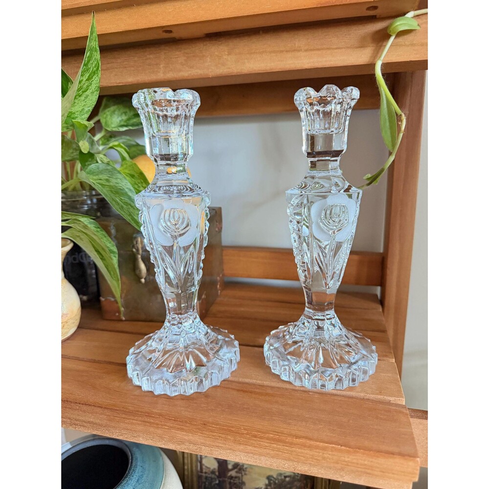 Pair of Queen’s Award Frosted Rose Crystal Candlesticks By L. Silver